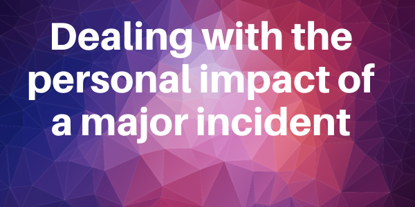 A series of colourful geometric shapes in purple, blue, red and white with the text dealing with the personal impact of a major incident.