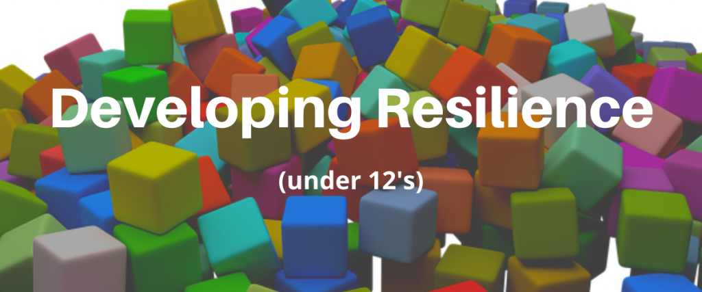 A pile of multicoloured cubes with the text developing resilience (under 12s).