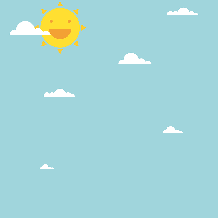 An animated version of the sky with white clouds and a yellow sun that has a smiling face.