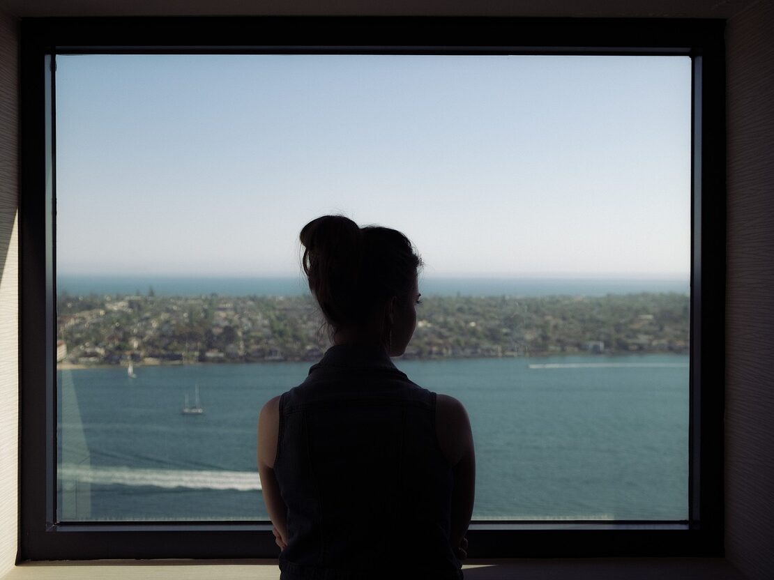 Person looking out over a city that ends in the sea.