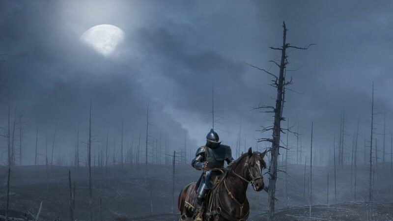 A knight in a dark forest with baron trees dimly lit by a moon shrouded in clouds.